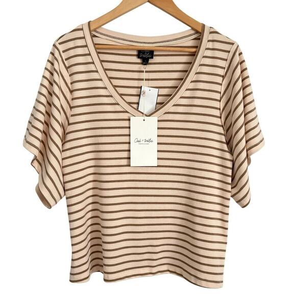 Oak and Trellis Striped V-neck Slouchy T-Shirt Women’s Sz Large Cream & Tan - Picture 1 of 8